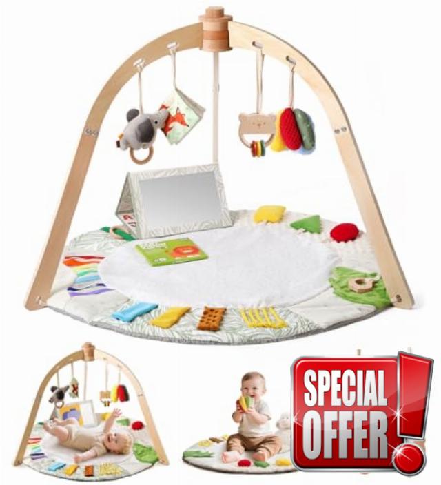 Wooden Baby Play Gym & Tummy Time Playmat – Montessori Sensory Activity Mat with 6 Developmental Toys for Fine Motor Skills – for Newborns to Toddlers (0–12M+)