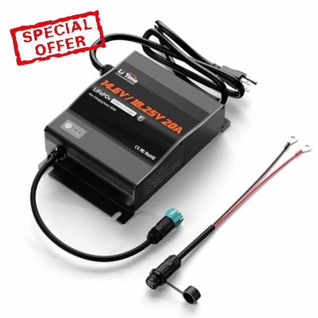 LiTime 12V(14.6V) & 16V(18.25V) 20A Mountable LiFePO4 Battery Charger - IP65 Waterproof AC to DC Fast Charger with Adjustable Voltage