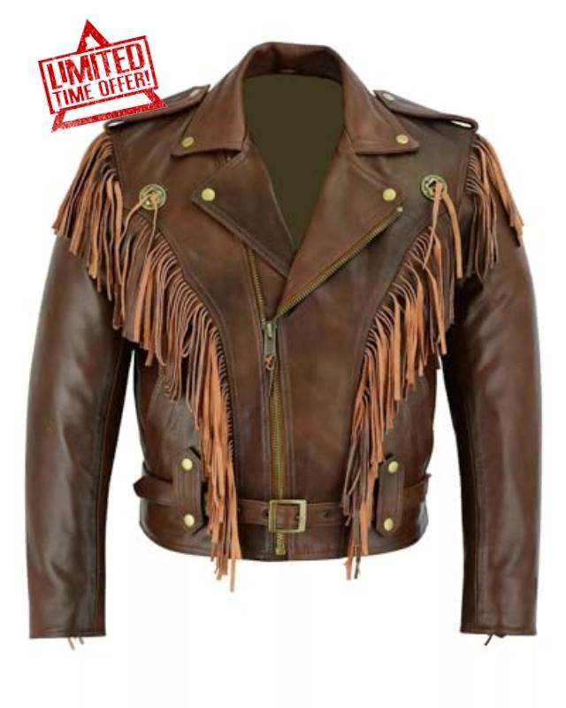 Men's American Cowboy Fringe Brando Leather Jacket - Retro Moto Western Style Cowhide Biker Leather Jacket