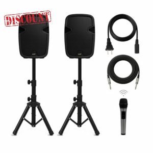 Bowens 8-Inch Bluetooth PA Speaker Set – Portable Speakers Bluetooth Wireless Microphone with Stands and Cable – Party Speaker & DJ Speakers Outdoor Sound System