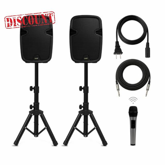 Bowens 8-Inch Bluetooth PA Speaker Set – Portable Speakers Bluetooth Wireless Microphone with Stands and Cable – Party Speaker & DJ Speakers Outdoor Sound System