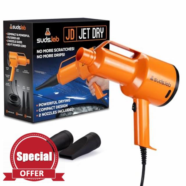Suds Lab JD Jet Dry Car Drying Blower with 2 Nozzles & 20 ft Power Cord – 1.5 HP Powerful & Compact Car Dryer Air Blower for Removing Water