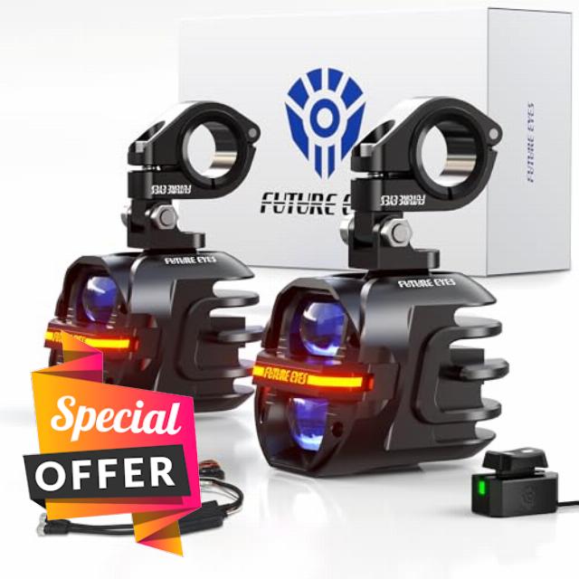 Future Eyes Motorcycle Fog Lights 120W LED Amber Auxiliary Driving Lights with DRL & Strobe