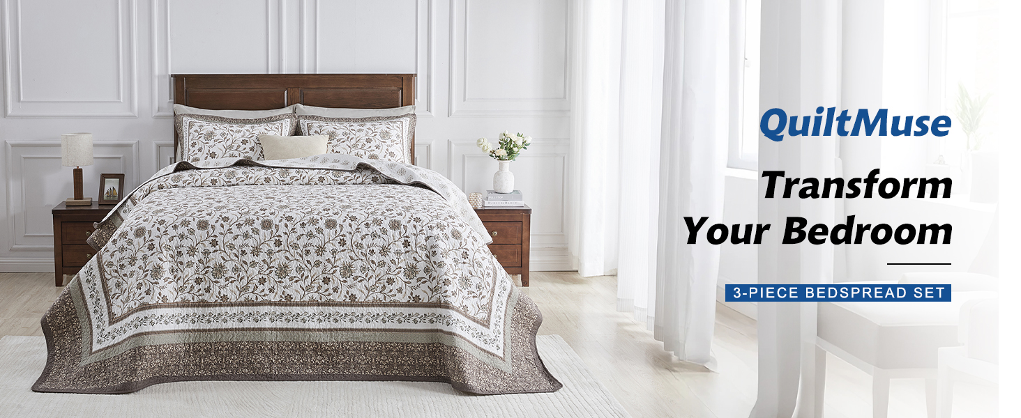 100% cotton farmhouse vintage oversized brown green floral pattern bedspread with 2 pillowshams
