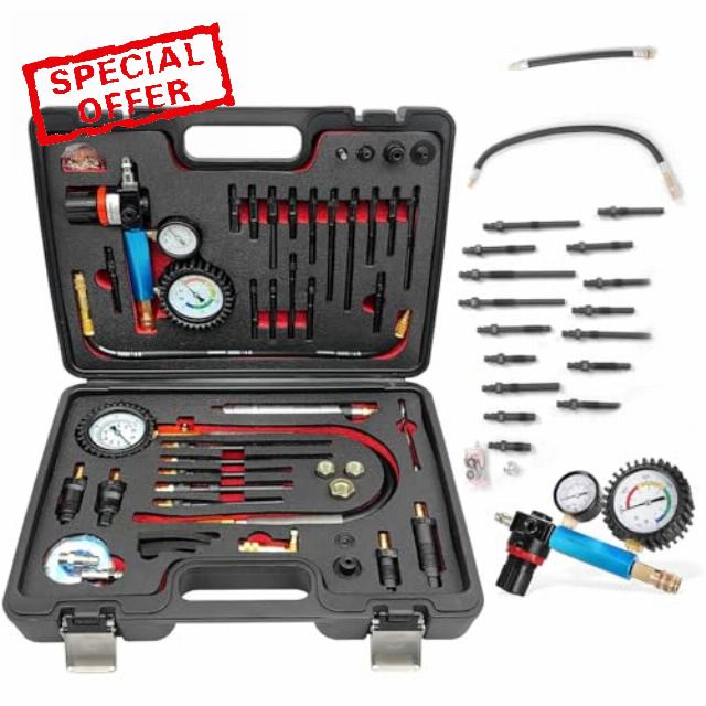Petrol & Diesel Engine Compression Tester Automotive 47PCS Compression and Leakage Test Kit Cylinder Leak Down Tester Kit with Dual Gauge Engine Compression Tester Kit for HDi