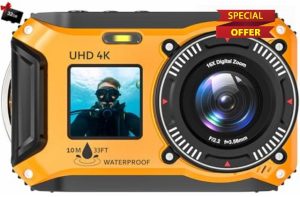 Digital Camera - 4K 56MP 33FT UHD Underwater Camera for Snorkeling with 32GB Card Dual-Screen Compact Waterproof Dustproof Floatable Camera - Autofocus Point and Shoot 1500mAh Battery (Yellow)