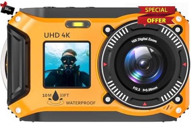 Digital Camera - 4K 56MP 33FT UHD Underwater Camera for Snorkeling with 32GB Card Dual-Screen Compact Waterproof Dustproof Floatable Camera - Autofocus Point and Shoot 1500mAh Battery (Yellow)