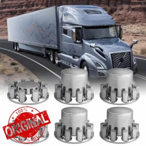 Cylinder Flat Axle Wheel Cover Set 2 Front and 4 Rear Axle Hub Covers with 33mm Thread-on Chrome Lug Nut Covers
