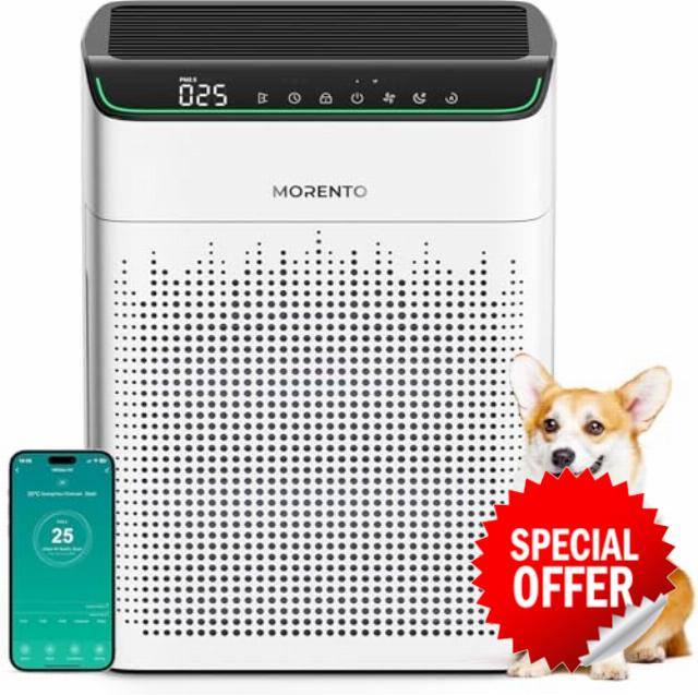 MORENTO Air Purifiers for Home Large Room Up to 1690 ft² with PM 2.5 Air Quality Monitor WiFi and Alexa compatible Double-sided Air Inlet for Smoke and Odor 1 Pack+2 Pack HEPA Filters White