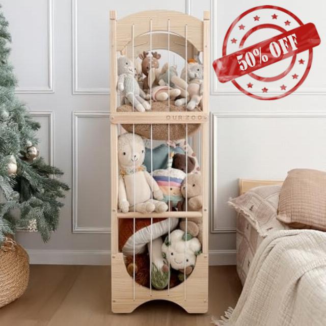 Fodoss Stuffed Animal Storage Organizer - Wooden Plushies Storage Holder with 360° Wheels