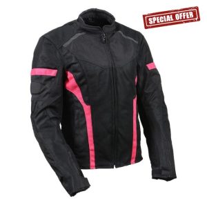 Milwaukee Leather Black and Pink Mesh/Textile Armored Motorcycle Racer Jacket for Women - All Season Jackets
