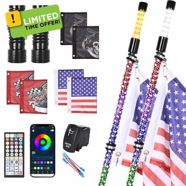 2PCS 3FT LED Whip Light and Blare Flash Light Kit with Spring Base