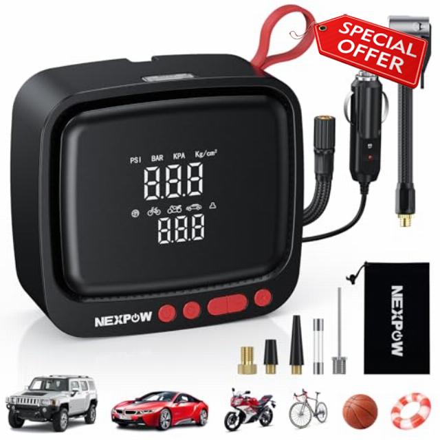 NEXPOW Tire Inflator Portable Air Compressor 150PSI 12V DC Air Pump with Dual Digital Pressure Gauge & Auto Shut-Off