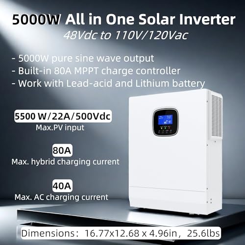 Pure Sine Wave Power Inverter 5kW Built-in 80A MPPT Charger