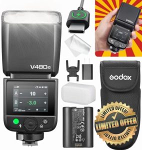 Godox V480 for Canon GODOX TTL Flash – GN50/1.7s Recycle/650 Flash Times/HSS/Smart Distance Readout/10 Level LED Modeling lamp/2.0” Touchscreen/2.4G Wireless System/TTL Camera Flash for Canon