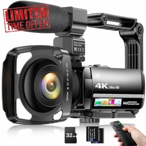 4K Video Camera Camcorder 64MP Vlogging Camera for YouTube 18X Digital Zoom 3.0" IPS Screen IR Night Vision with External Stereo Microphone
