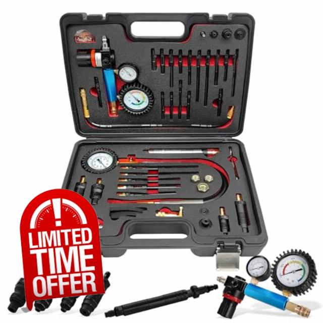 Petrol & Diesel Engine Compression Tester Automotive 47PCS Compression and Leakage Test Kit Cylinder Leak Down Tester Kit with Dual Gauge Engine Compression Tester Kit for HDi