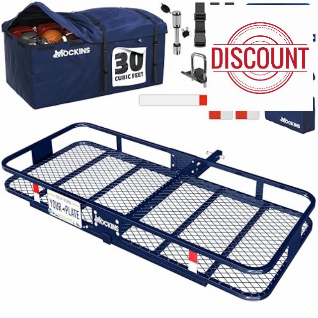 Mockins 60"x30"x6" Navy Folding Cargo Hitch Carrier & 30 CuFt Trailer Hitch Cargo Carrier Bag | 500Lbs Cap Folding Luggage Rack with Waterproof Luggage Bag for Truck Bed
