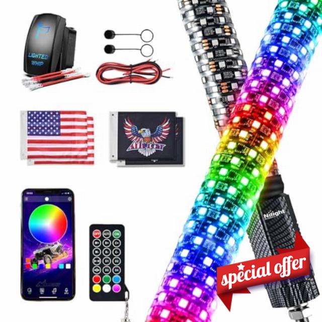 Nilight LED Fat Whip Light 2PCS 2FT RGB Lighted Antenna Whips with Remote & App Control DIY Chasing Patterns Brake Reverse Turn Lights for ATV UTV Polaris RZR Can-am Dune Buggy Pickup Trucks Jeep