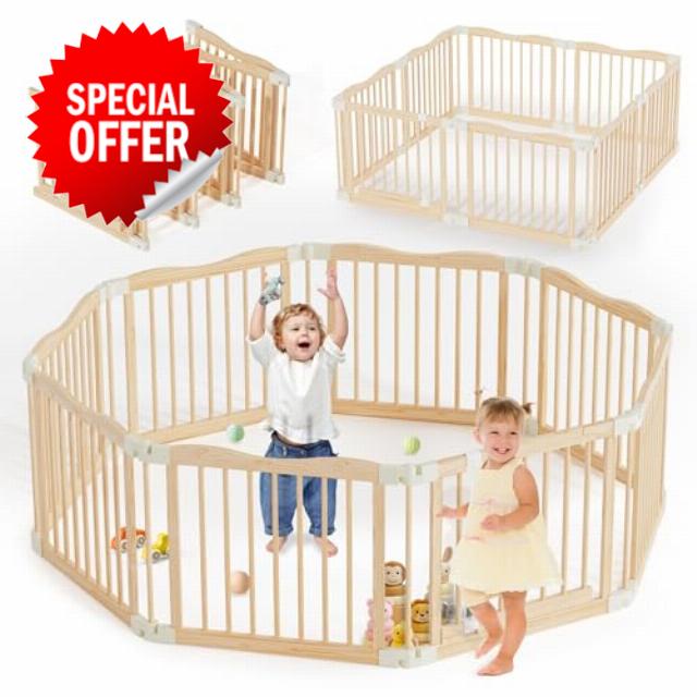 Foldable Wooden Playpen - Adjustable Wood Baby Play Yard with Child-Proof Lock