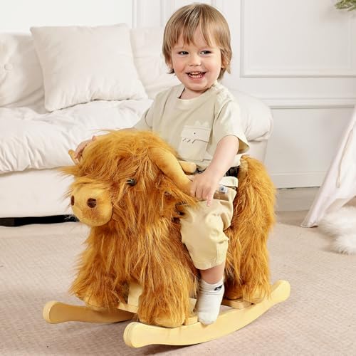 Highlander Cattle Wooden Rocking Horse for Toddlers 1 Year Old Cute Cow Stuffed Plush Ride-on Toy Rocking Animal for Baby Boys and Girls Nursery/Child Christmas or Birthday Gift