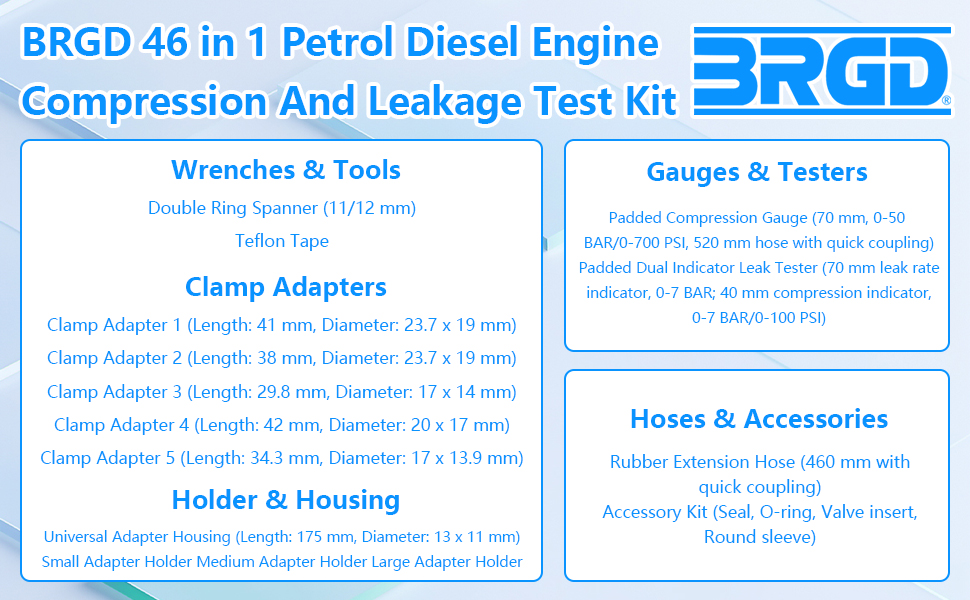 BRGD 46pcs Petrol Diesel Engine Compression and Leakage Test Kit