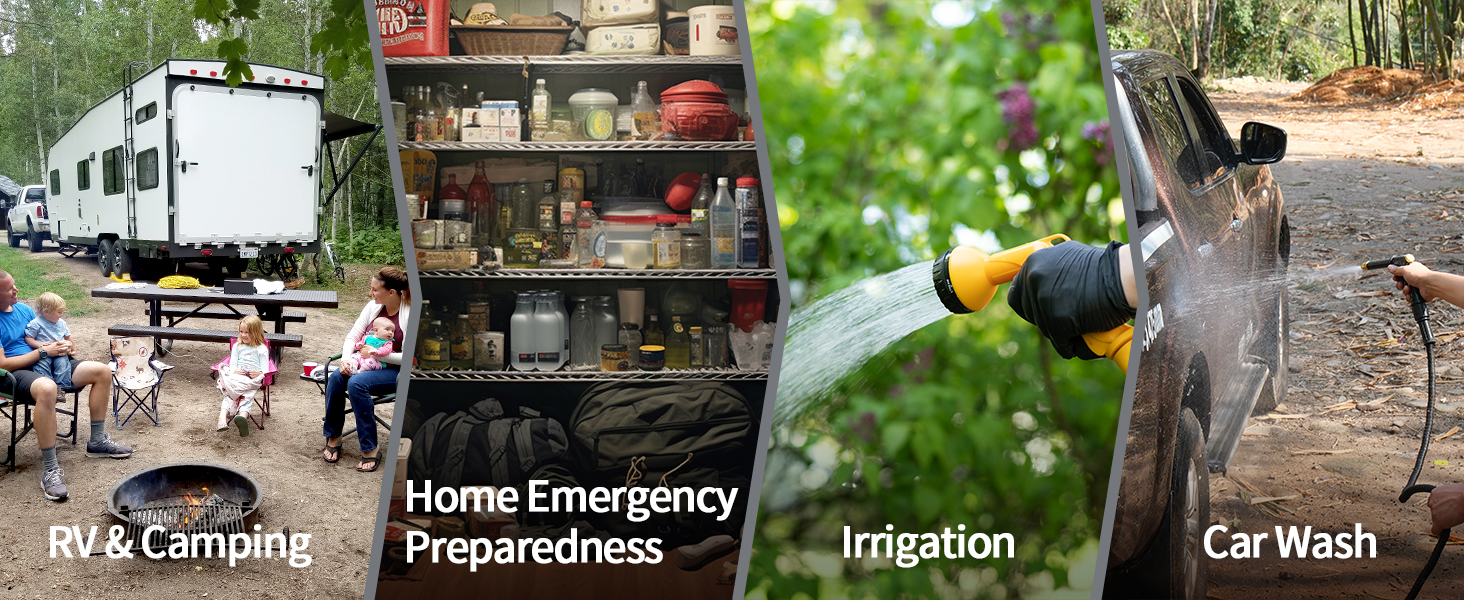 RV&camping, home emergency preparedness, irrigation, car wash, firefighting