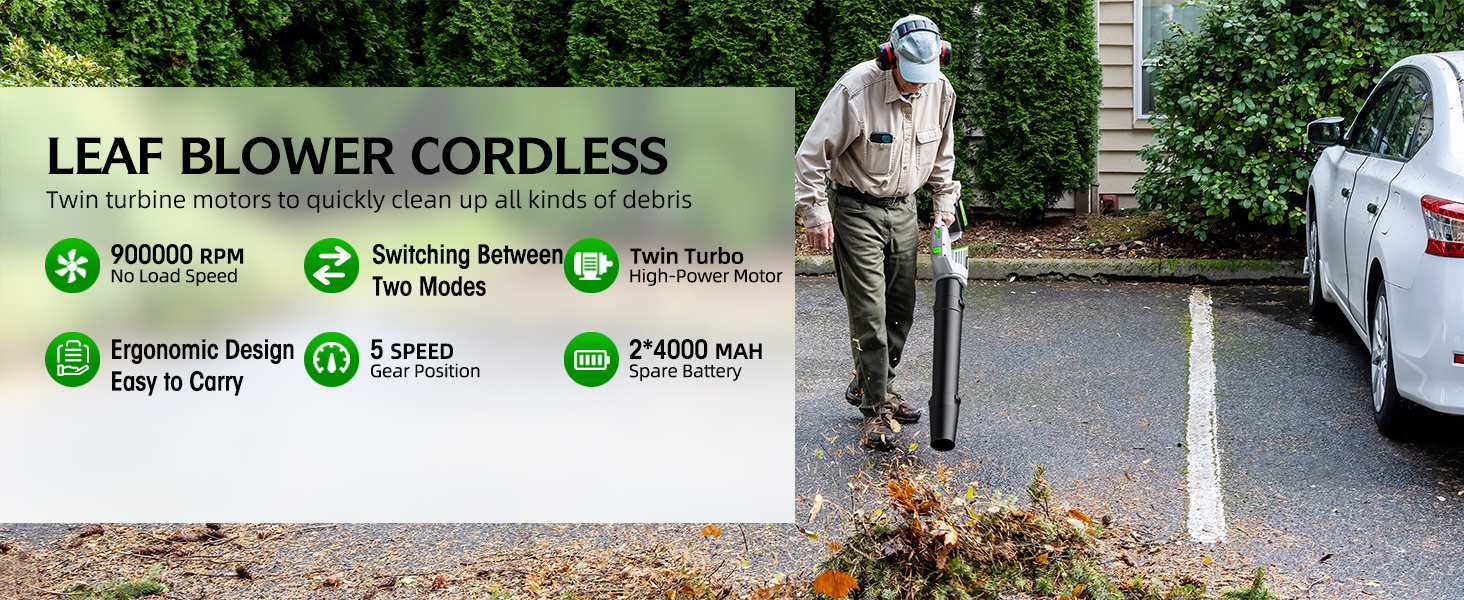 Leaf blower with twin turbine motors, 200 MPH, 700 CFM, 5 speeds for efficient debris cleanup
