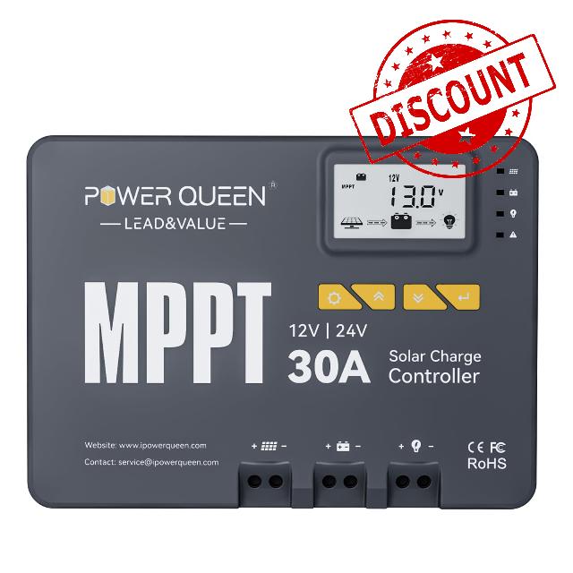 Power Queen 30 Amp MPPT 12V/24V Solar Charge Controller with Built-in Bluetooth
