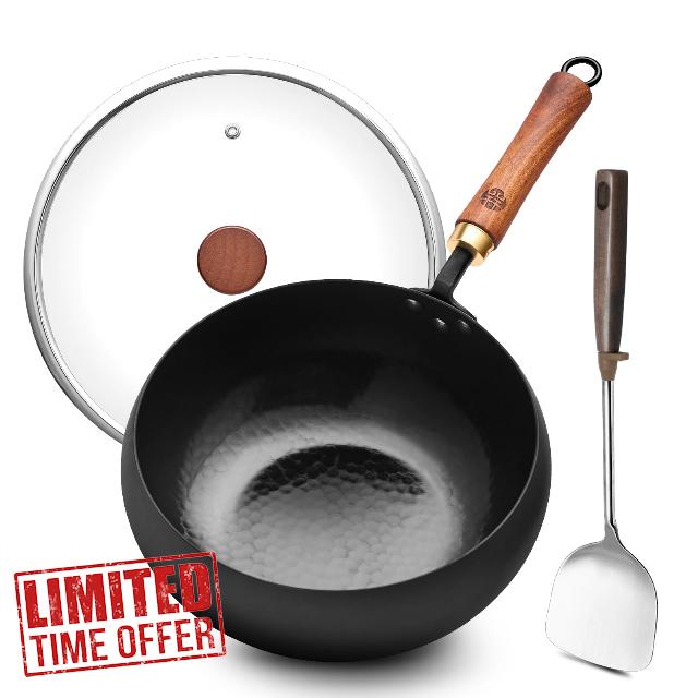 WANGYUANJI 9.5-Inch Wok Pan with Lid – Handmade Round Cooking Wok