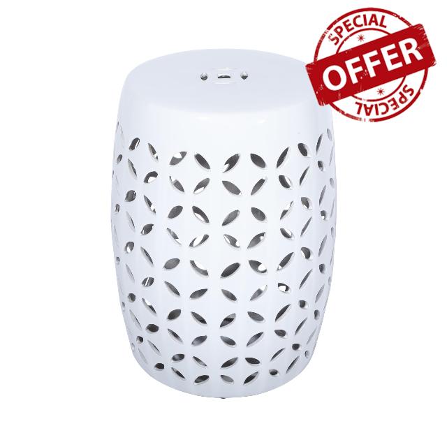 17.7" White Ceramic Garden Stool with Lattice Cutout