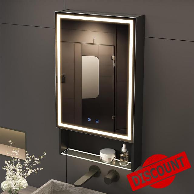 20"×34" Lighted Medicine Mirror Cabinet with Storage Adjustable Brightness 3 Color Temperature Lighting Anti-Fog Sturdy Aluminum Medicine Cabinet with Lights 2 Socket & 2 USB Ports & Adjustable Shelf