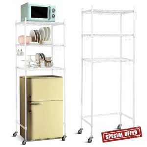Tioncy 3 Tier Mini Fridge Shelf Microwave Stand Adjustable Fridge Storage Rack with Lockable Wheels and 8 Hook Multilayer Metal Shelving Organizer for Dorm Apartment Kitchen Office Bathroom(White)
