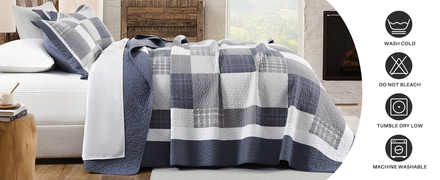 100% cotton soft lightweight farmhouse blue printed plaid pattern quilt set all season use