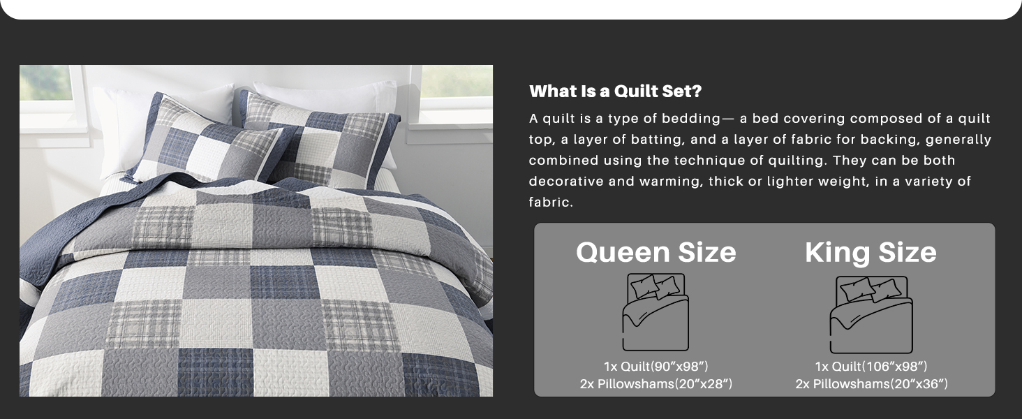 100% cotton soft lightweight farmhouse blue printed plaid pattern quilt set all season use