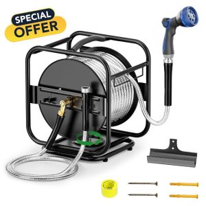 Heavy Duty Metal Garden Hose Reel With 100 Ft 304 Stainless Steel & Aluminum Nozzle