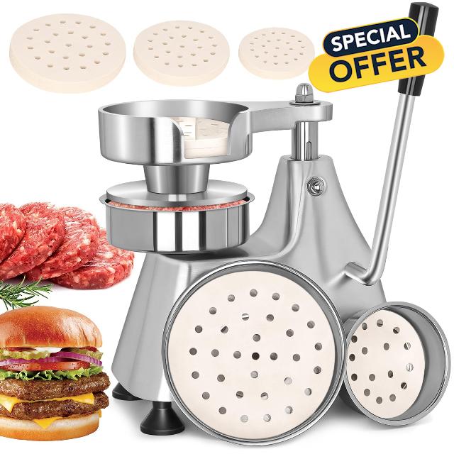 Commercial Burger Patty Maker 3 in 1 Stainless Steel Heavy Duty Hamburger Press (4/5/6-inch) Commercial Hamburger Press Patty Maker Machine with 1200 Pcs Patty Papers for Beef Pork Chicken Patty
