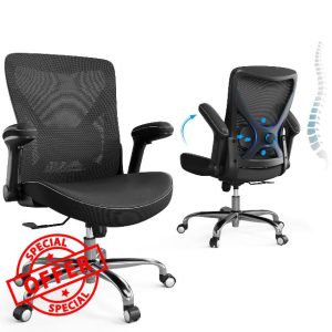 Home Office Ergonomic Chair-Computer PU Leather X-Shaped Desk Chair-Gaming Chair with Adjustable Flip-up Armrests Lumbar Support Mesh Executive Chair for Long Hours Office (Black)