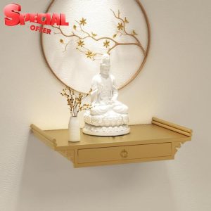 Wall-Mounted Buddha Statue Stand Offering Table Metal Personal Shrine Altar Table Buddhist Statue Sculpture Display Stand Prayer Table with Retractable Shelf.(Gold