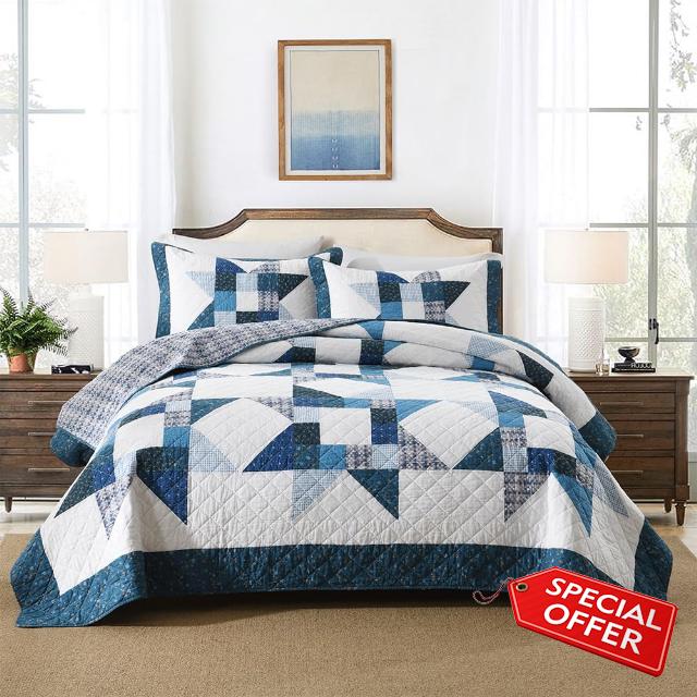 Cotton Quilt Bedding Sets 3 Pieces Soft Reversible Coverlets Luxury Star Real Patchwork Bedspread