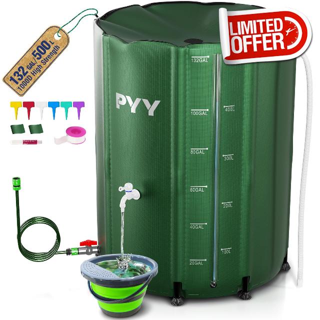 PYY Rain Water Collection Barrel - 132 Gallon Green Water Storage Tank with Spigots