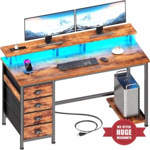 Furologee 47 Inch Computer Desk Gaming Table with 4 Fabric Drawers with Power Outlets and LED Lights for Home Office with Full Monitor Stand and Shelf Study Table for Small Spaces Rustic Brown