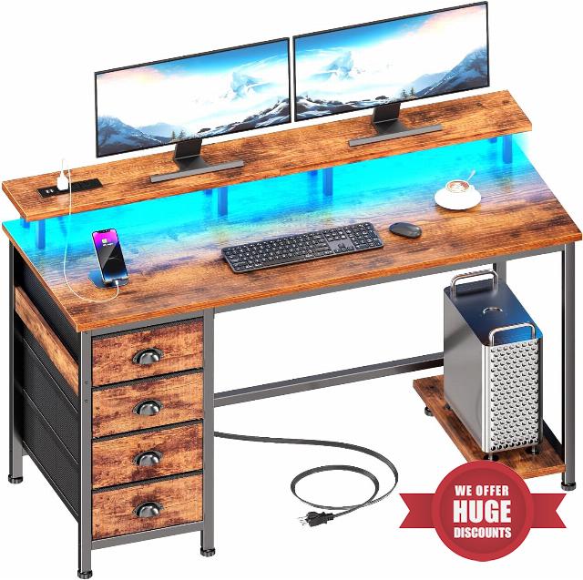 Furologee 47 Inch Computer Desk Gaming Table with 4 Fabric Drawers with Power Outlets and LED Lights for Home Office with Full Monitor Stand and Shelf Study Table for Small Spaces Rustic Brown