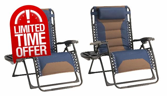 Zero Gravity Chair Set of 2 Oversized Padded Recliner with Adjustable Headrest & Cup Holder - 600D Oxford Folding Lounge Chair for Outdoor Camping
