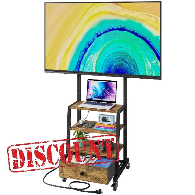 Rolling TV Stand with Wheels and Mount & Fabric Drawer - Entertainment Center with Power Outlet and Small TV Stand for Bedroom