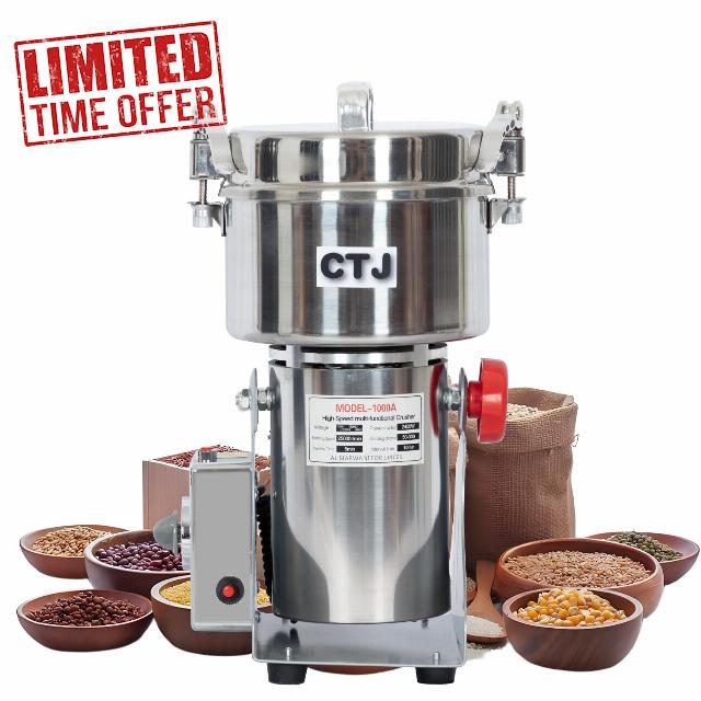 CTJ Grain Mill Grinder 1000G Stainless Steel Electric Grinding 25000r/min 2400W High-speed Flour Pulverizer Powder Machine for Dry Spice Herbs Grains Coffee Rice Pepper Bean