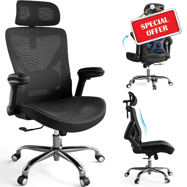 Office Home Ergonomic Desk Chair-Computer X-Shaped Chair Mesh PU Leather with Adjustable Lumbar Support-Executive Chair High Back with Headrest Flip-Up Arms for Long Hours (Black)