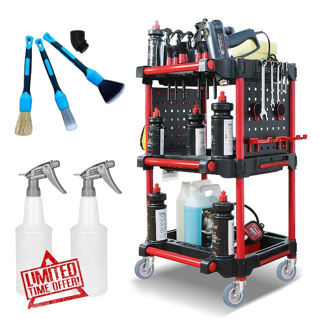 3-Tier Car Detailing Cart – Heavy-Duty Auto Detailing Tool Cart with 2 Tool Boards
