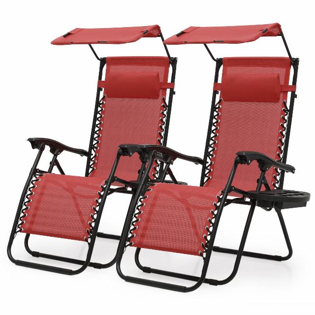 Athena Collection Zero Gravity Outdoor Lounge Chair Set of 2 with Canopy Shade