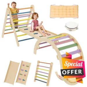 Pikler Triangle Set 7-in-1 Foldable Toddler Climbing Toys Indoor Jungle Gym with Ramp & Arch